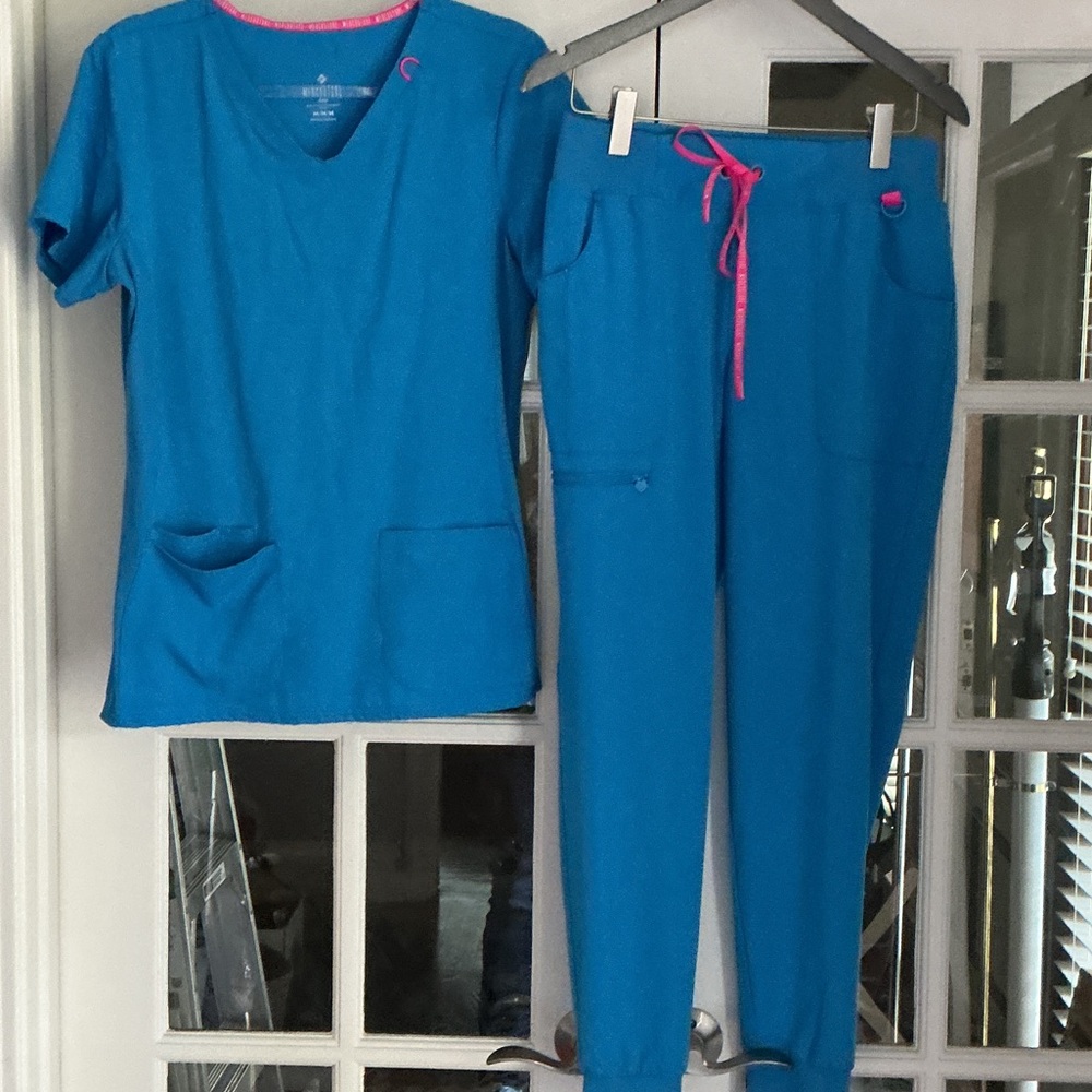 Med Couture Teal Scrub Top with Pink Accent